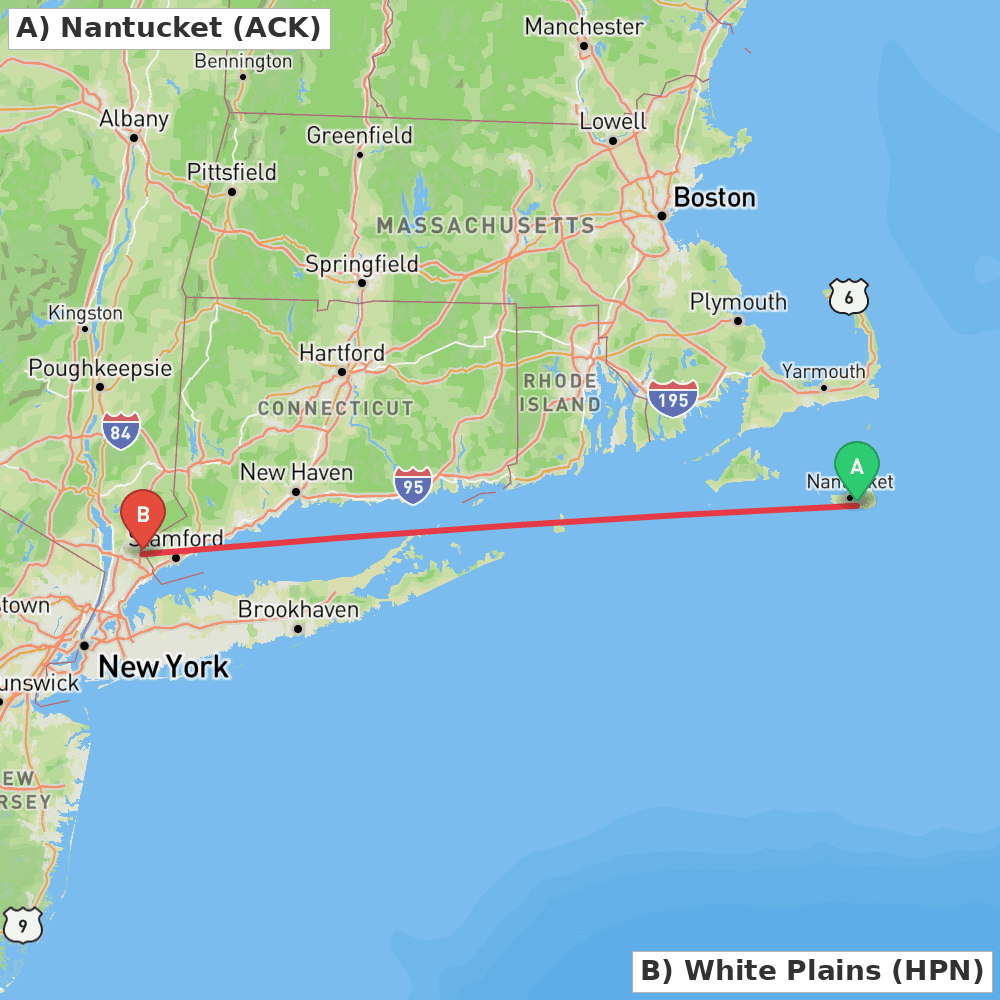 Flight route map from Nantucket to White Plains