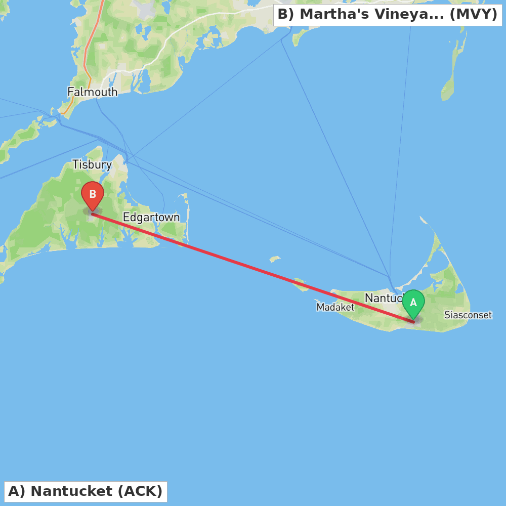 Flight route map from Nantucket to Martha's Vineyard