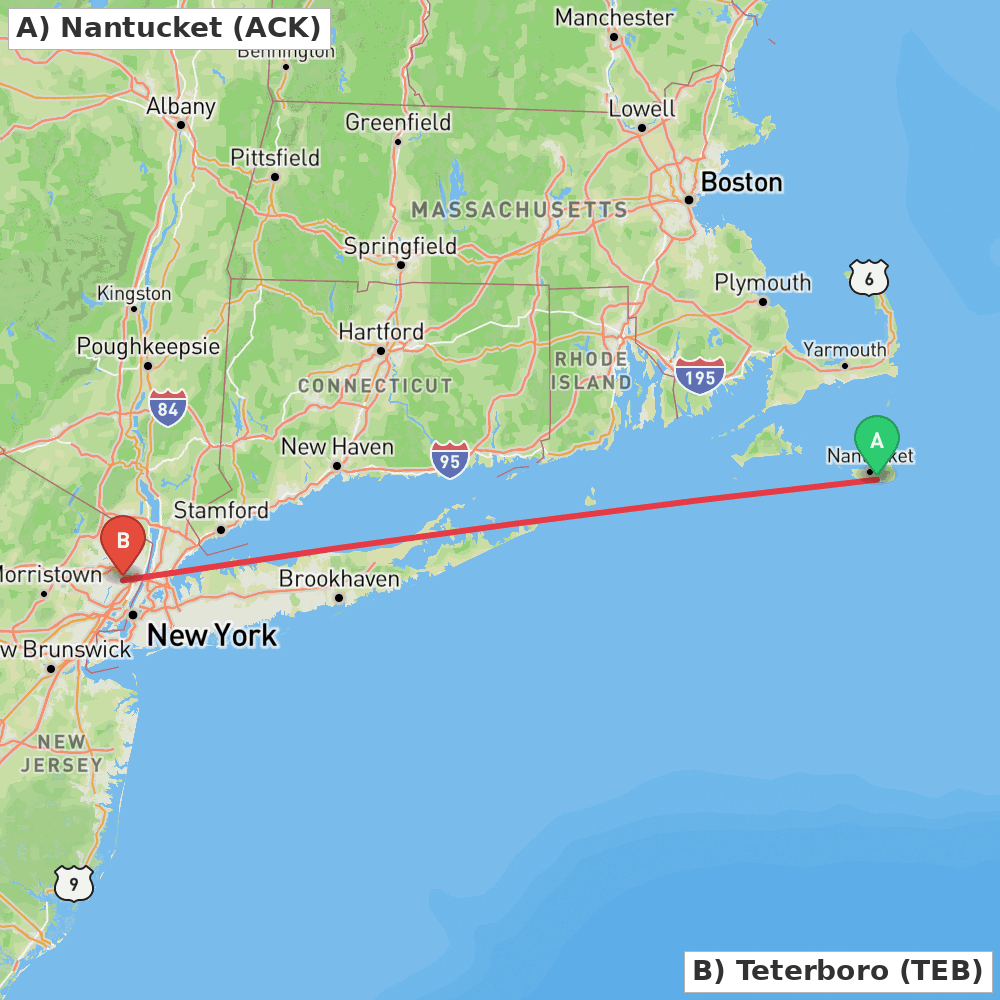 Flight route map from Nantucket to Teterboro