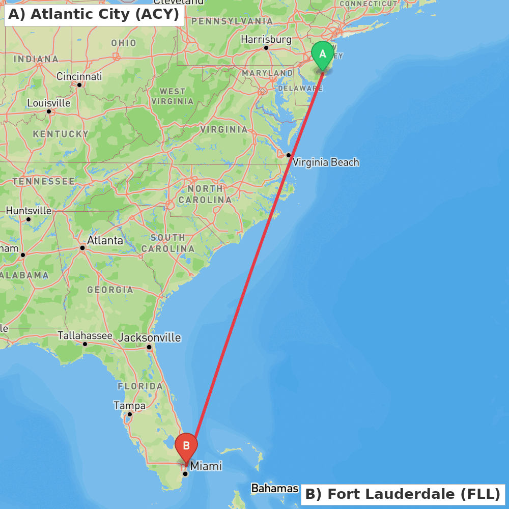 Flight route map from Atlantic City to Fort Lauderdale