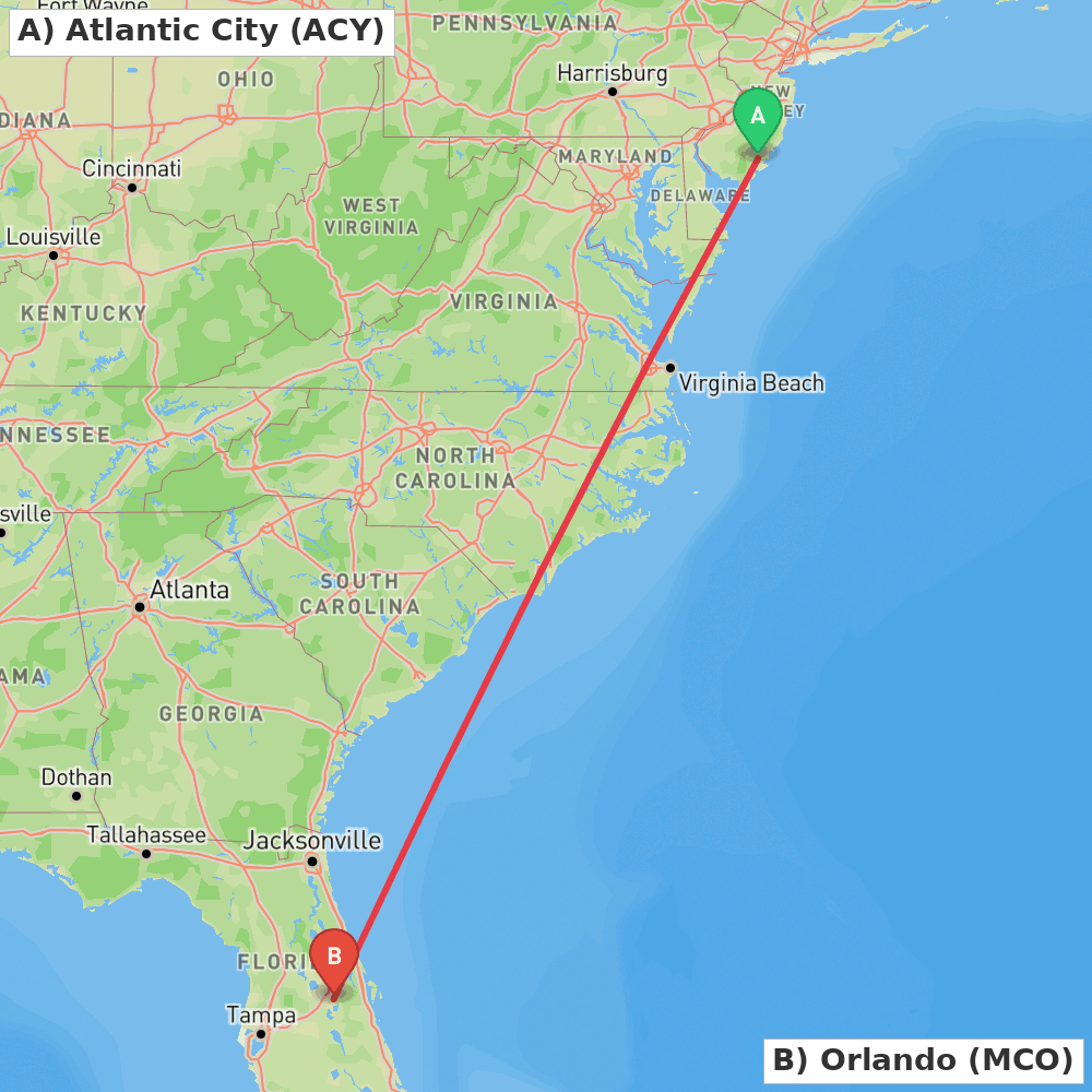Flight route map from Atlantic City to Orlando