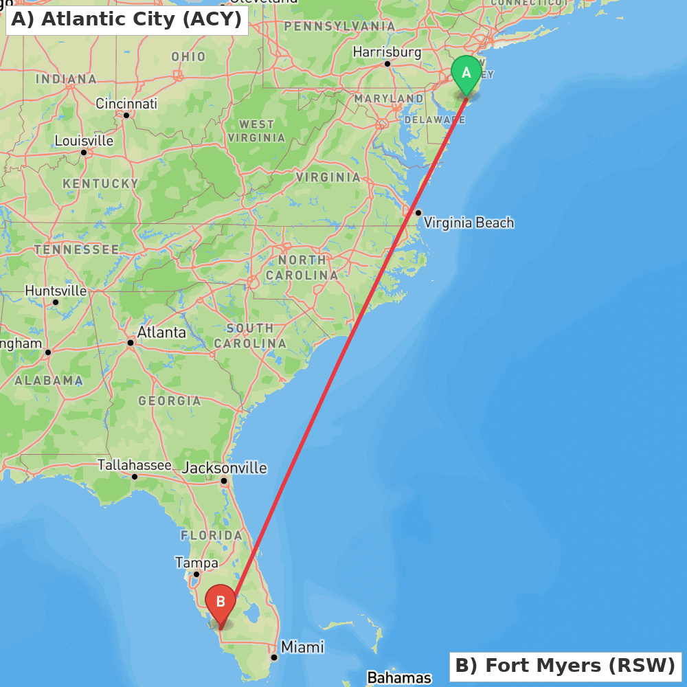 Flight route map from Atlantic City to Fort Myers