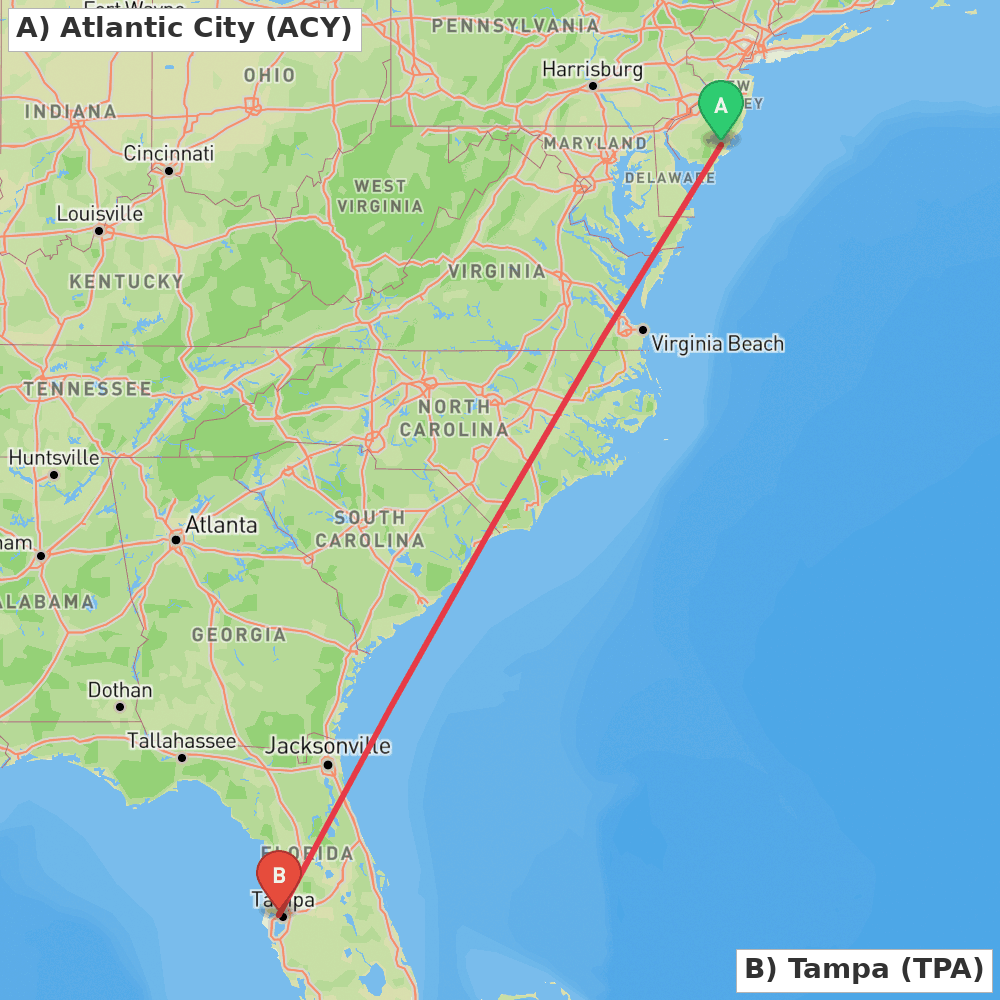 Flight route map from Atlantic City to Tampa