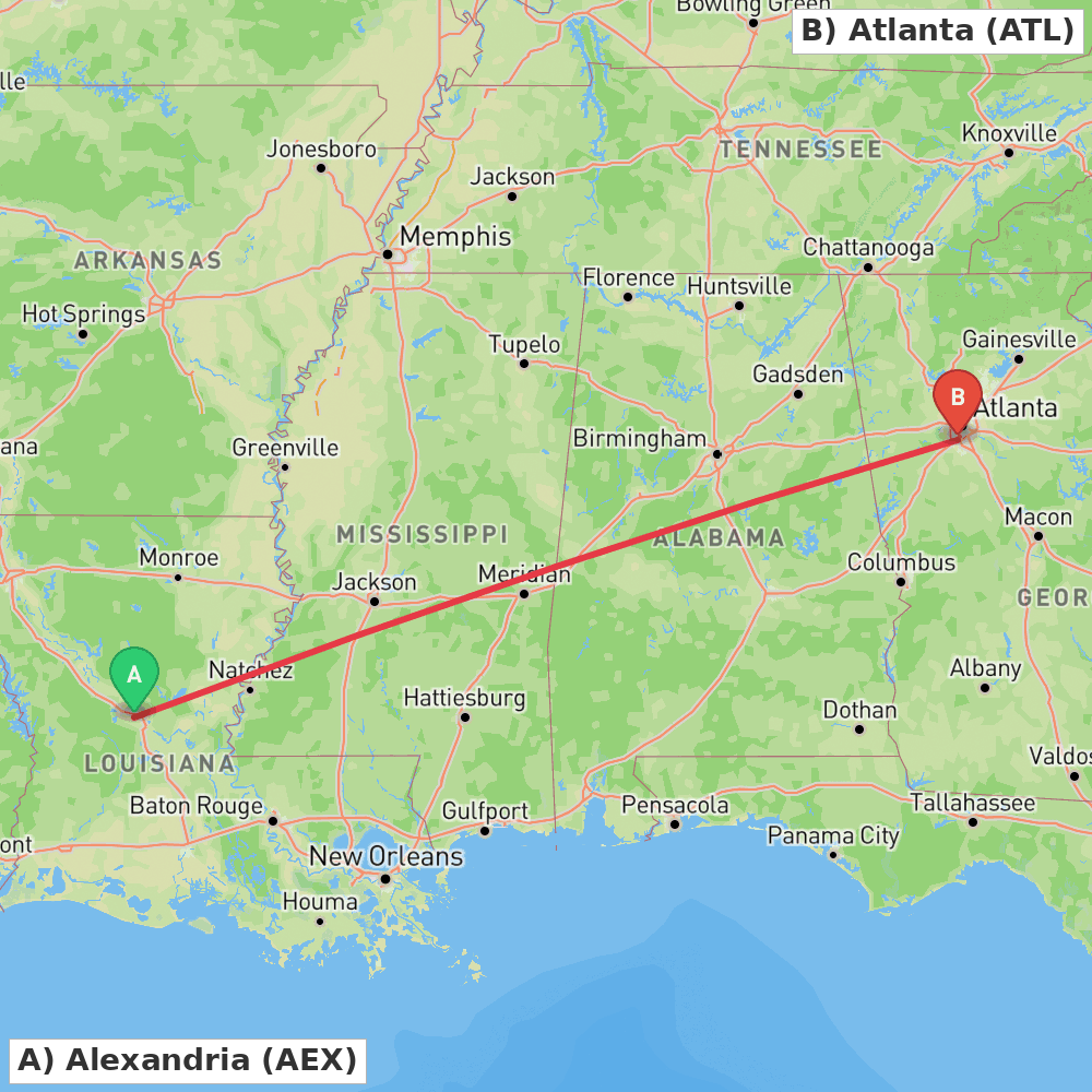 Flight route map from Alexandria to Atlanta