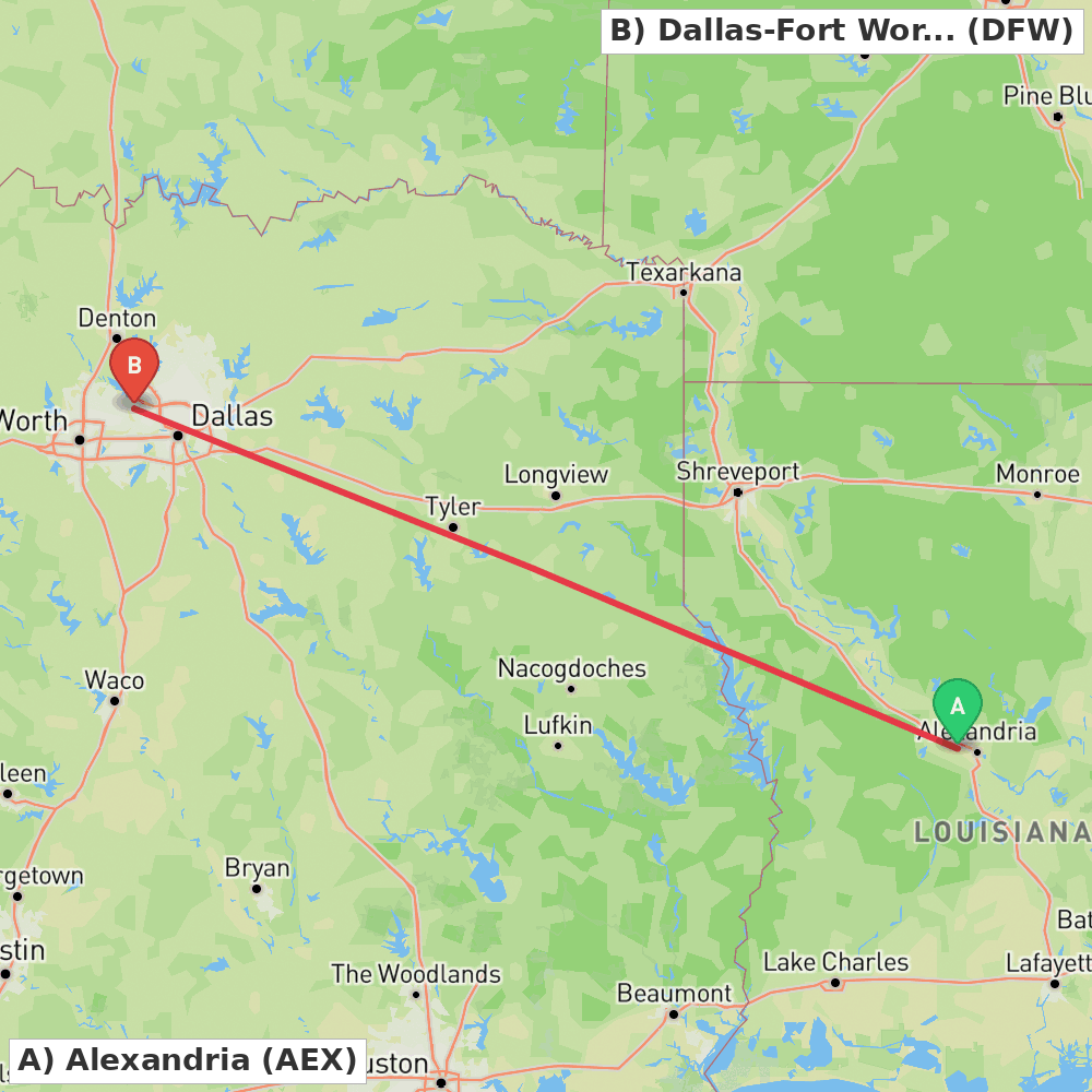 Flight route map from Alexandria to Dallas-Fort Worth