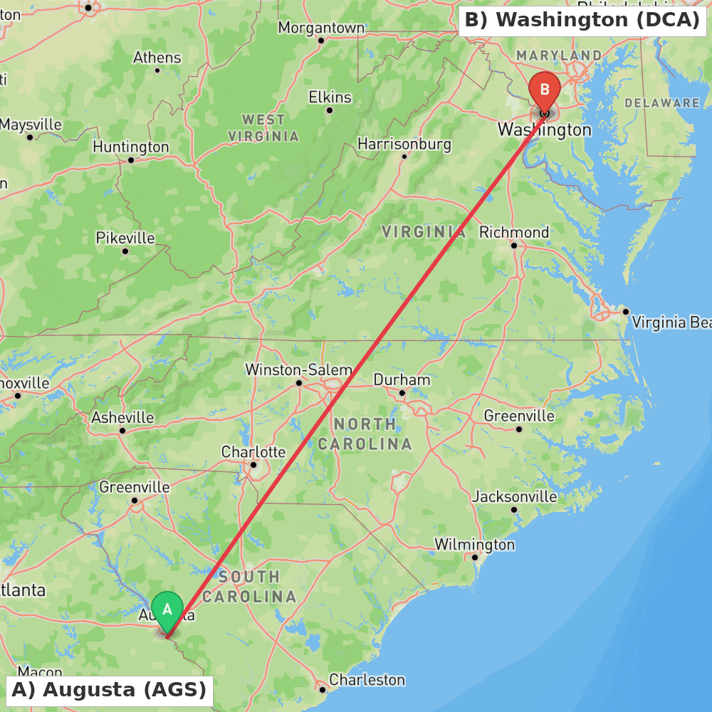 Flight route map from Augusta to Washington
