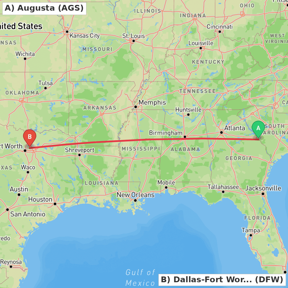 Flight route map from Augusta to Dallas-Fort Worth