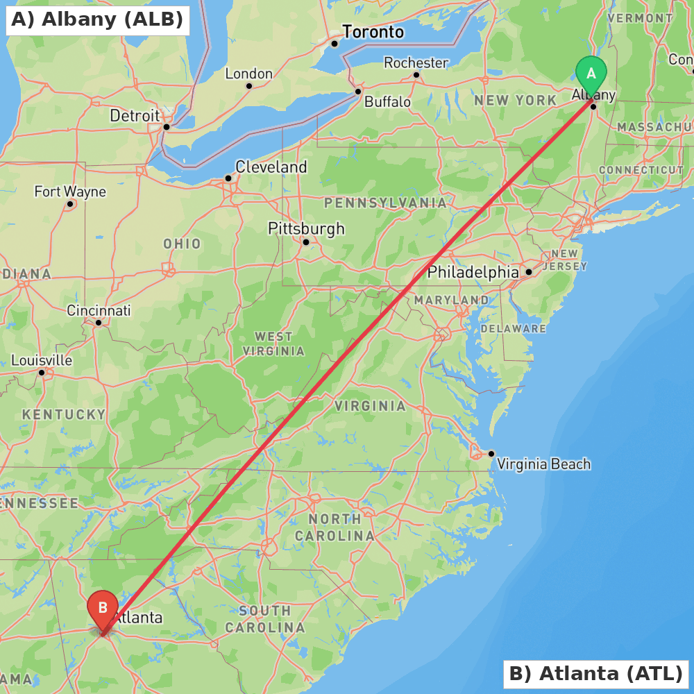 Flight route map from Albany to Atlanta