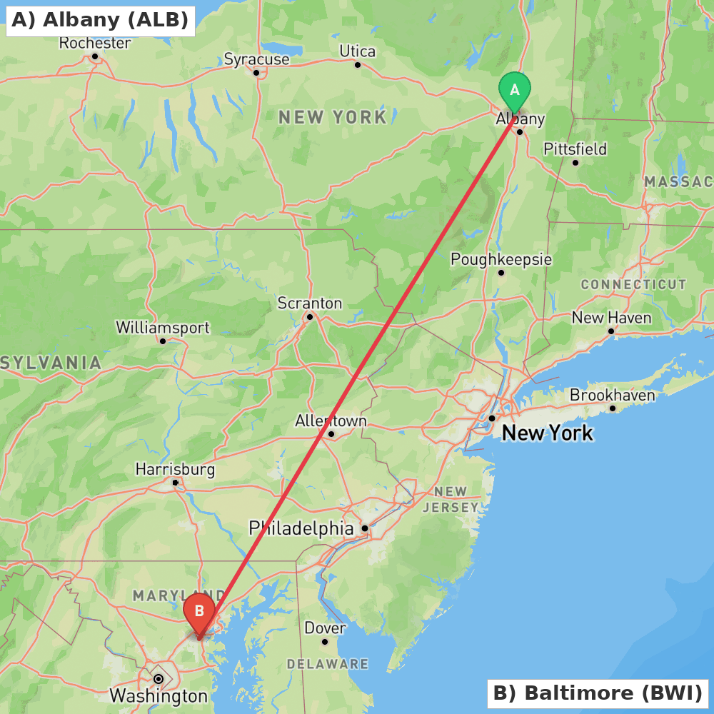 Flight route map from Albany to Baltimore
