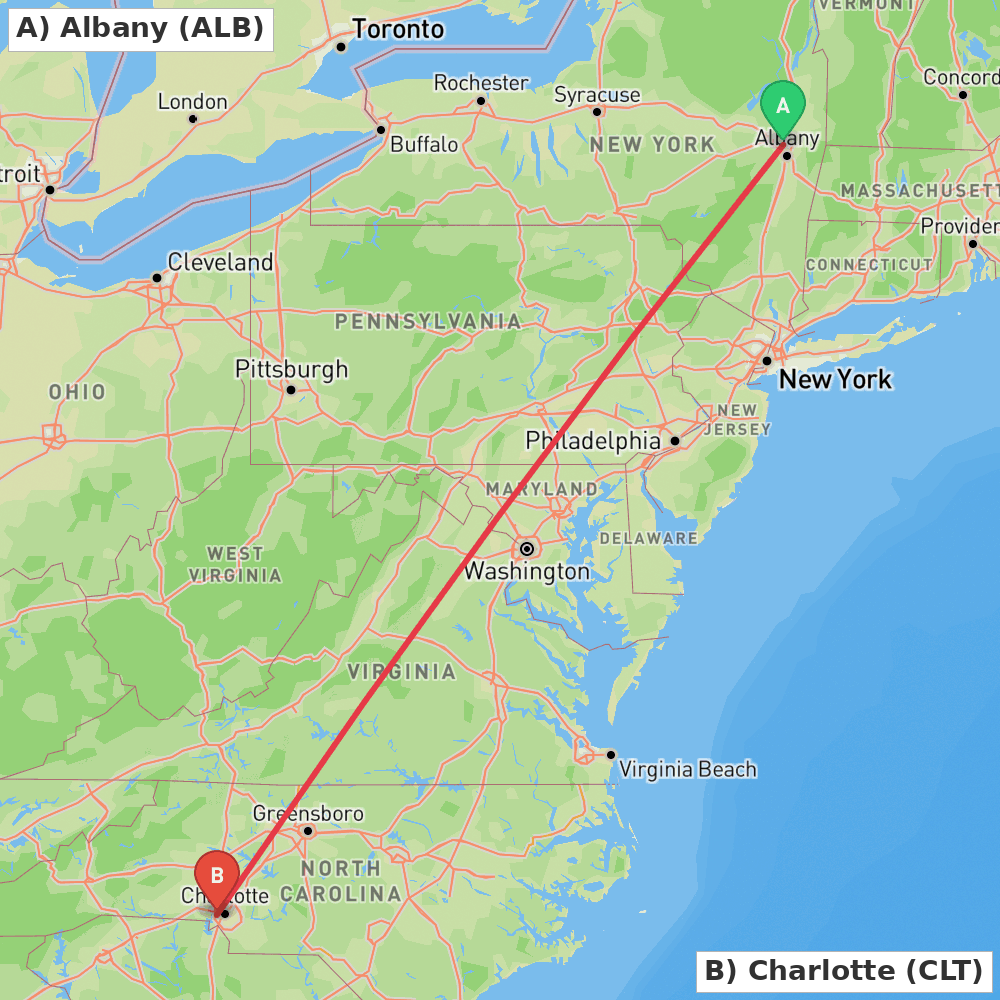 Flight route map from Albany to Charlotte
