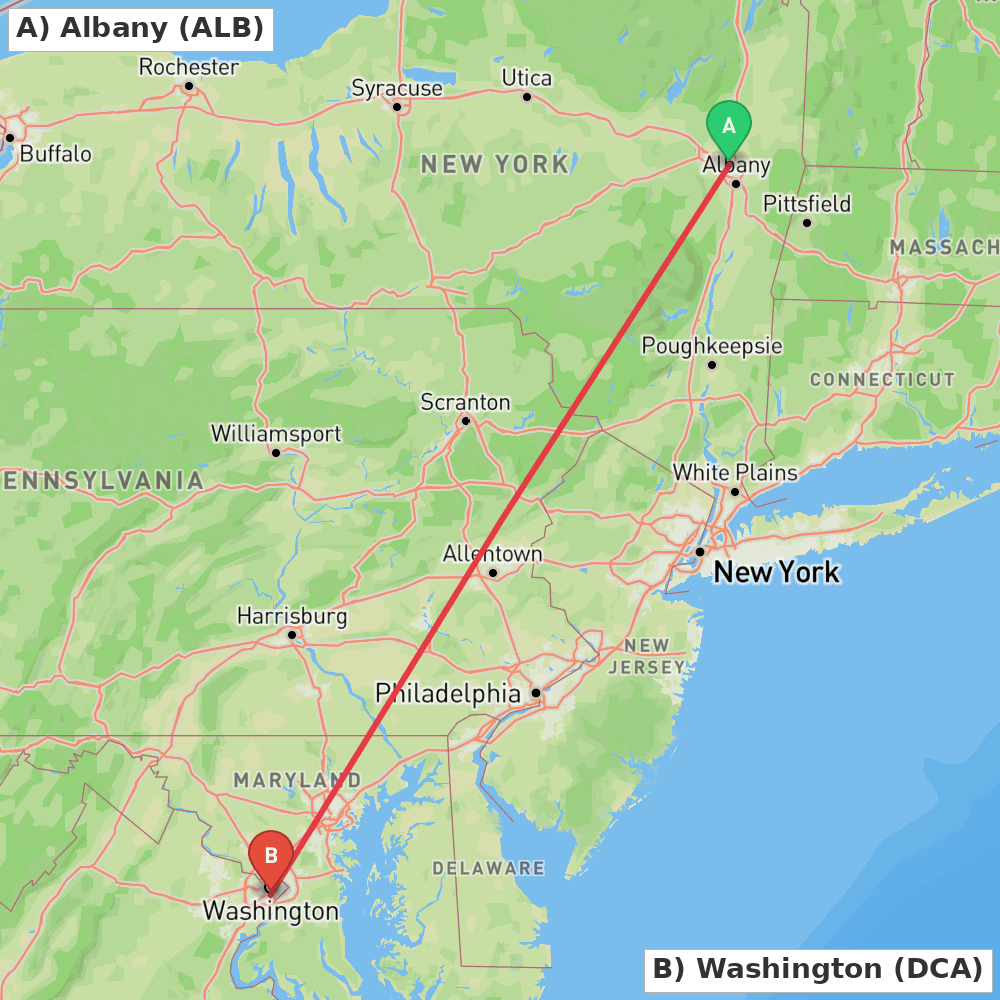 Flight route map from Albany to Washington
