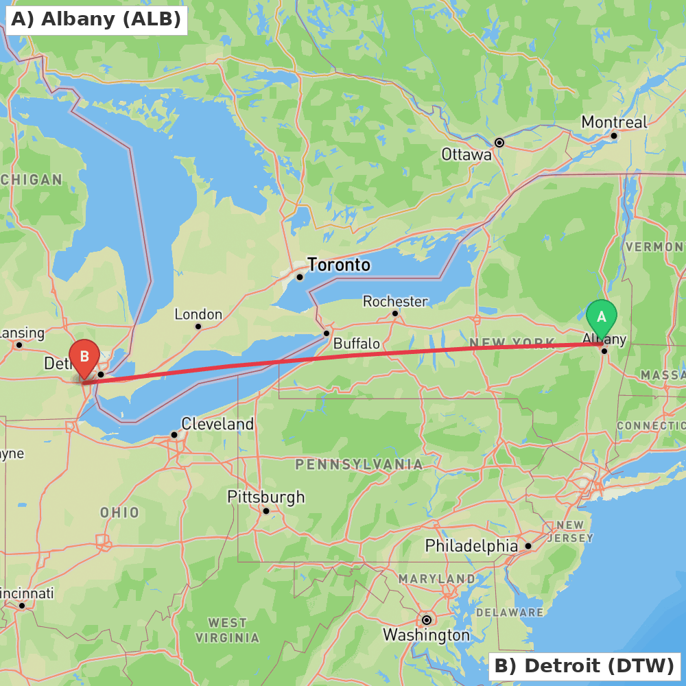 Flight route map from Albany to Detroit