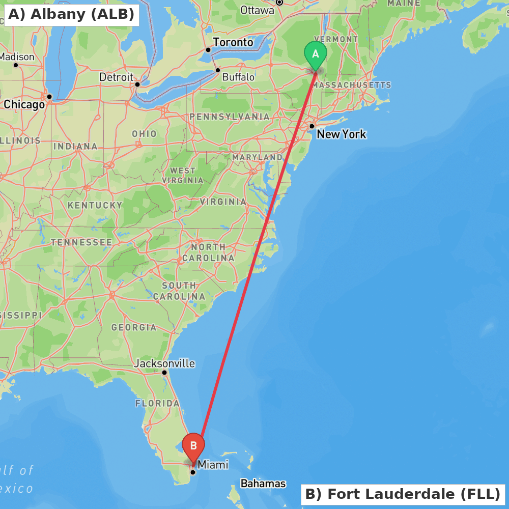 Flight route map from Albany to Fort Lauderdale