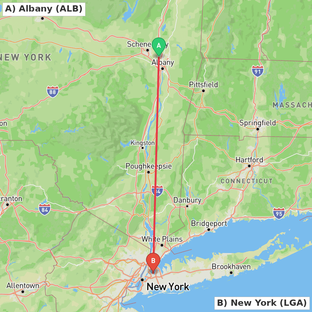 Flight route map from Albany to New York