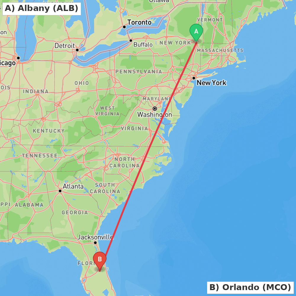 Flight route map from Albany to Orlando