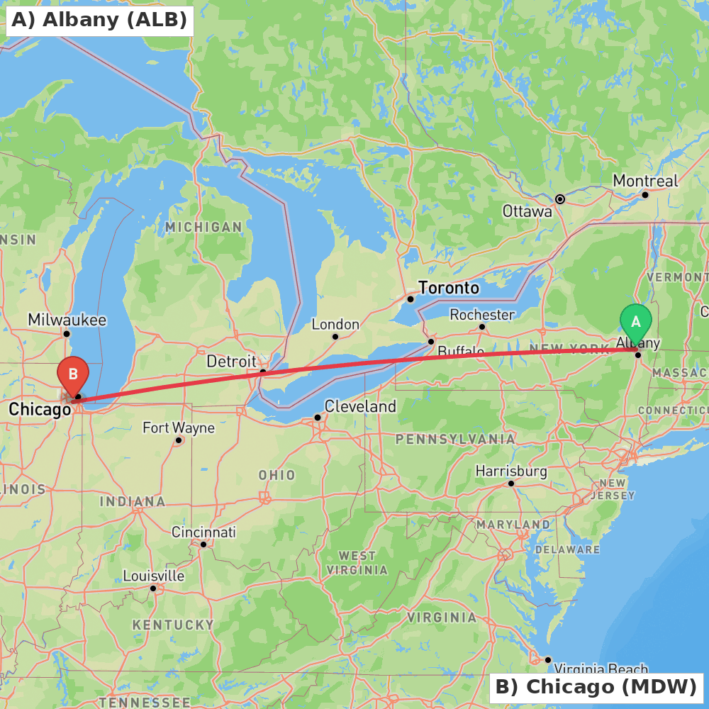 Flight route map from Albany to Chicago