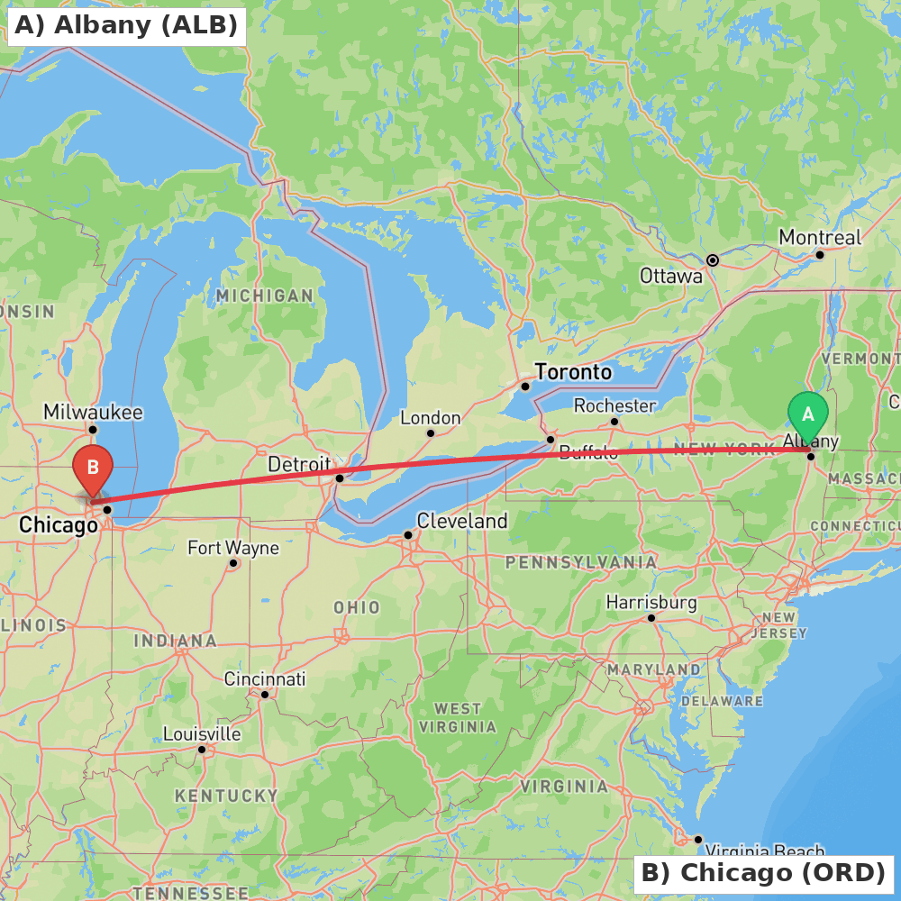 Flight route map from Albany to Chicago