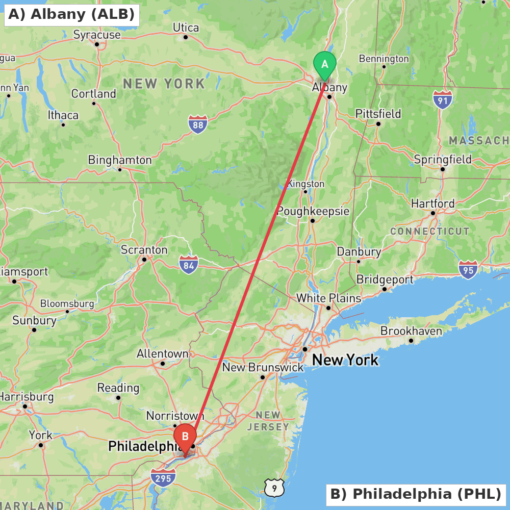 Flight route map from Albany to Philadelphia