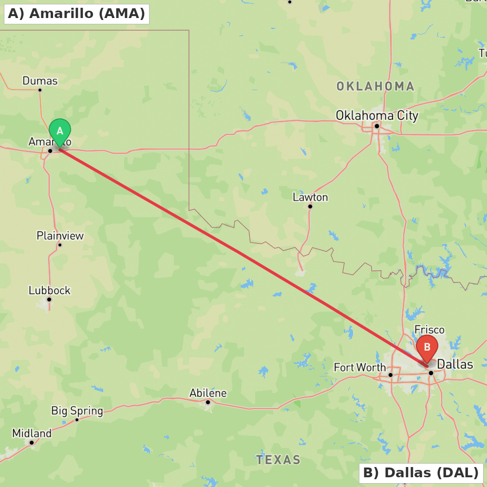Flight route map from Amarillo to Dallas
