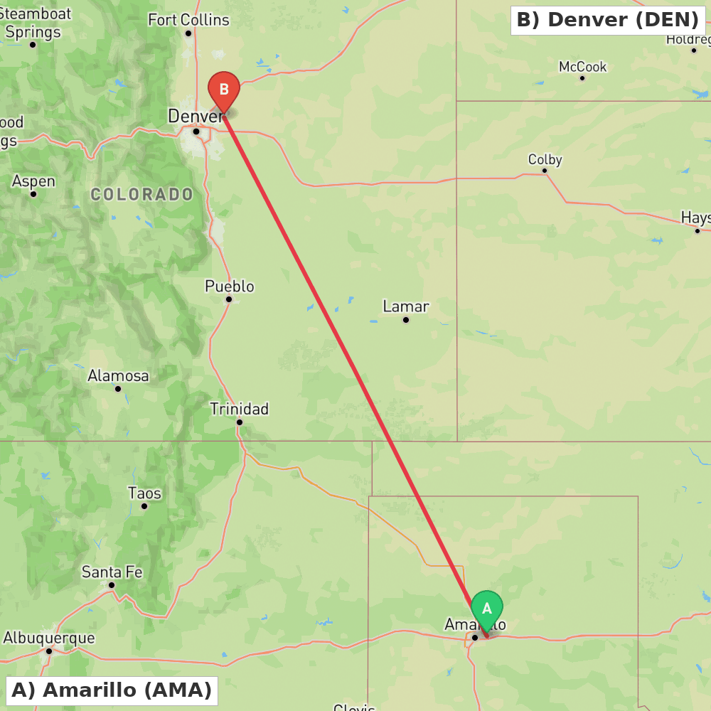 Flight route map from Amarillo to Denver