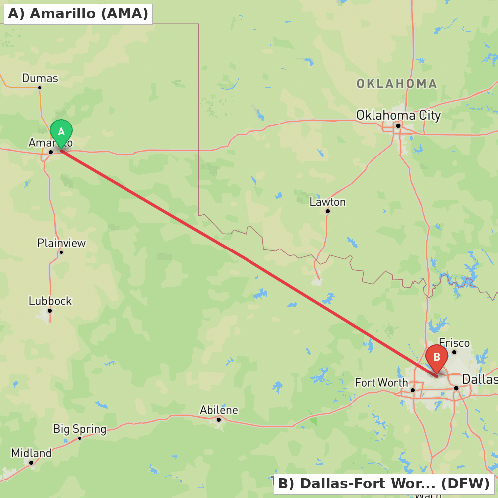 Flight route map from Amarillo to Dallas-Fort Worth
