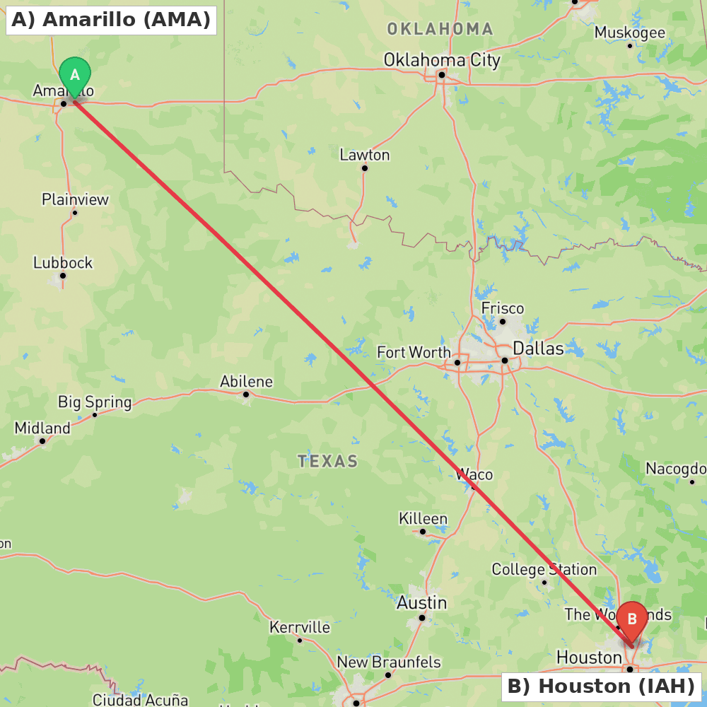 Flight route map from Amarillo to Houston