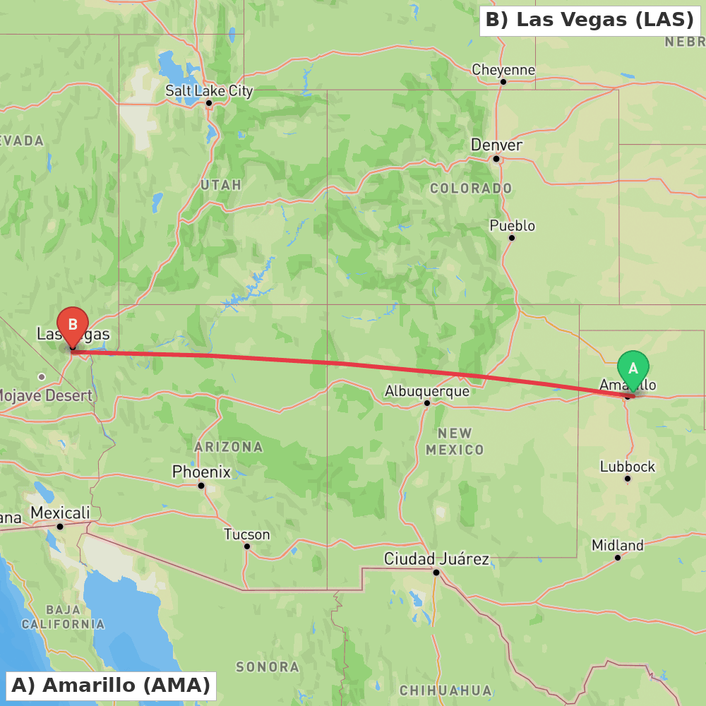 Flight route map from Amarillo to Las Vegas