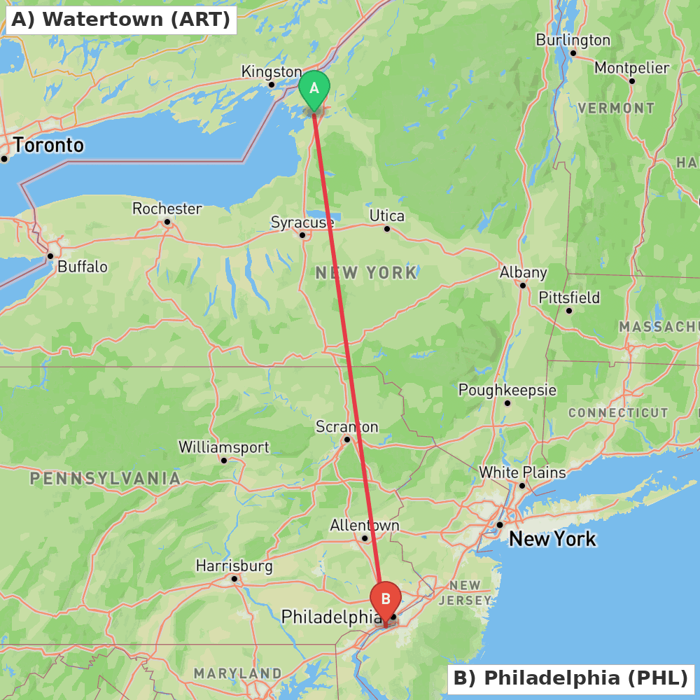 Flight route map from Watertown to Philadelphia