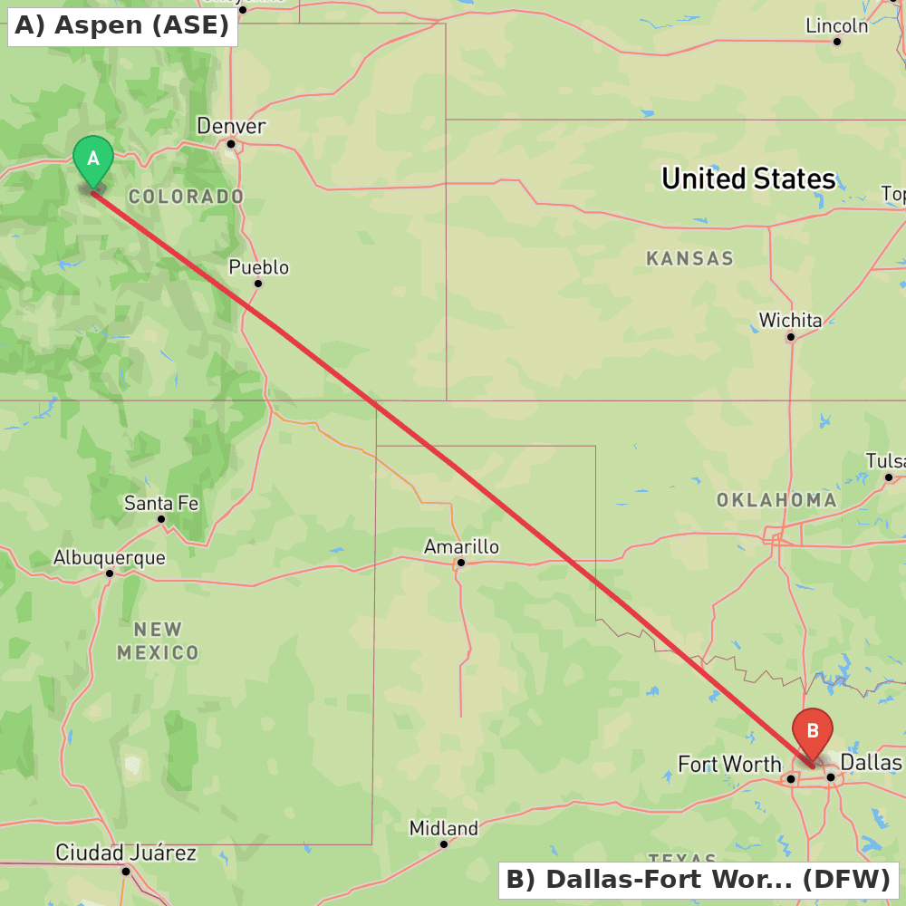 Flight route map from Aspen to Dallas-Fort Worth