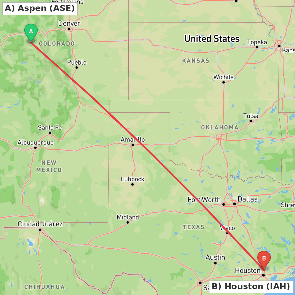 Flight route map from Aspen to Houston