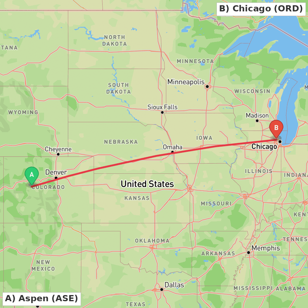 Flight route map from Aspen to Chicago