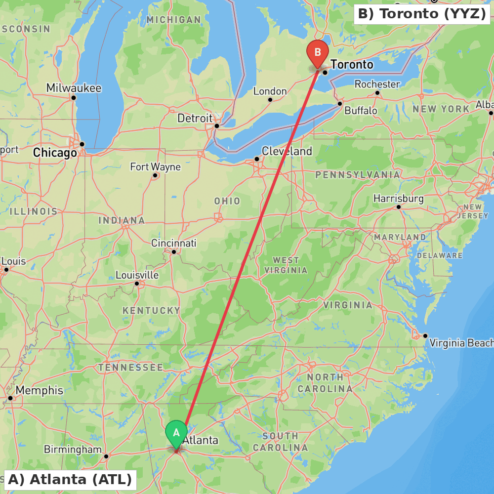 Flight route map from Atlanta to Toronto