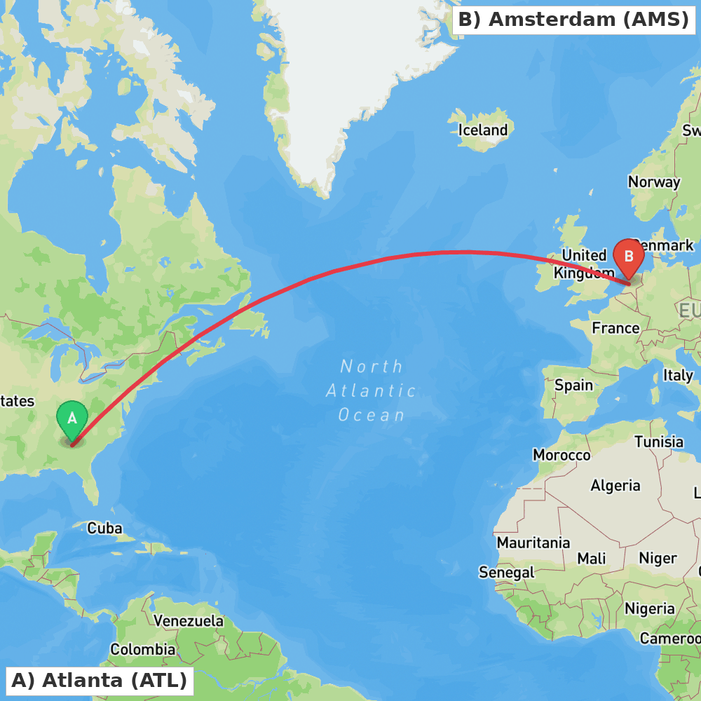 Flight route map from Atlanta to Amsterdam