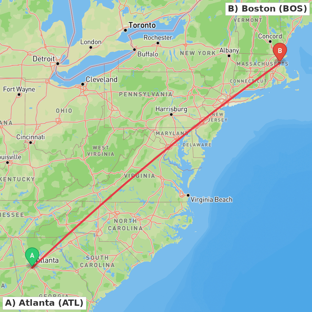 Flight route map from Atlanta to Boston