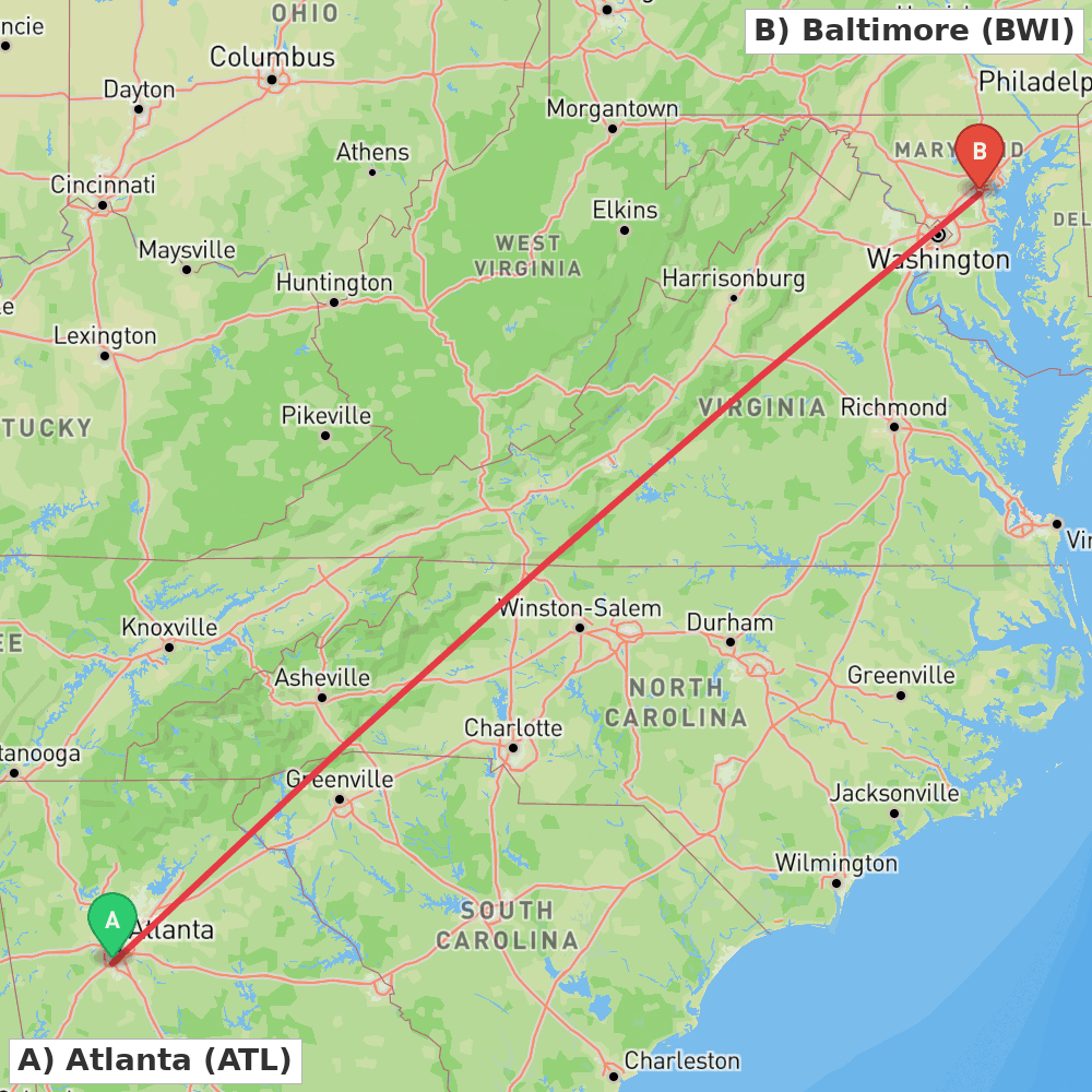 Flight route map from Atlanta to Baltimore