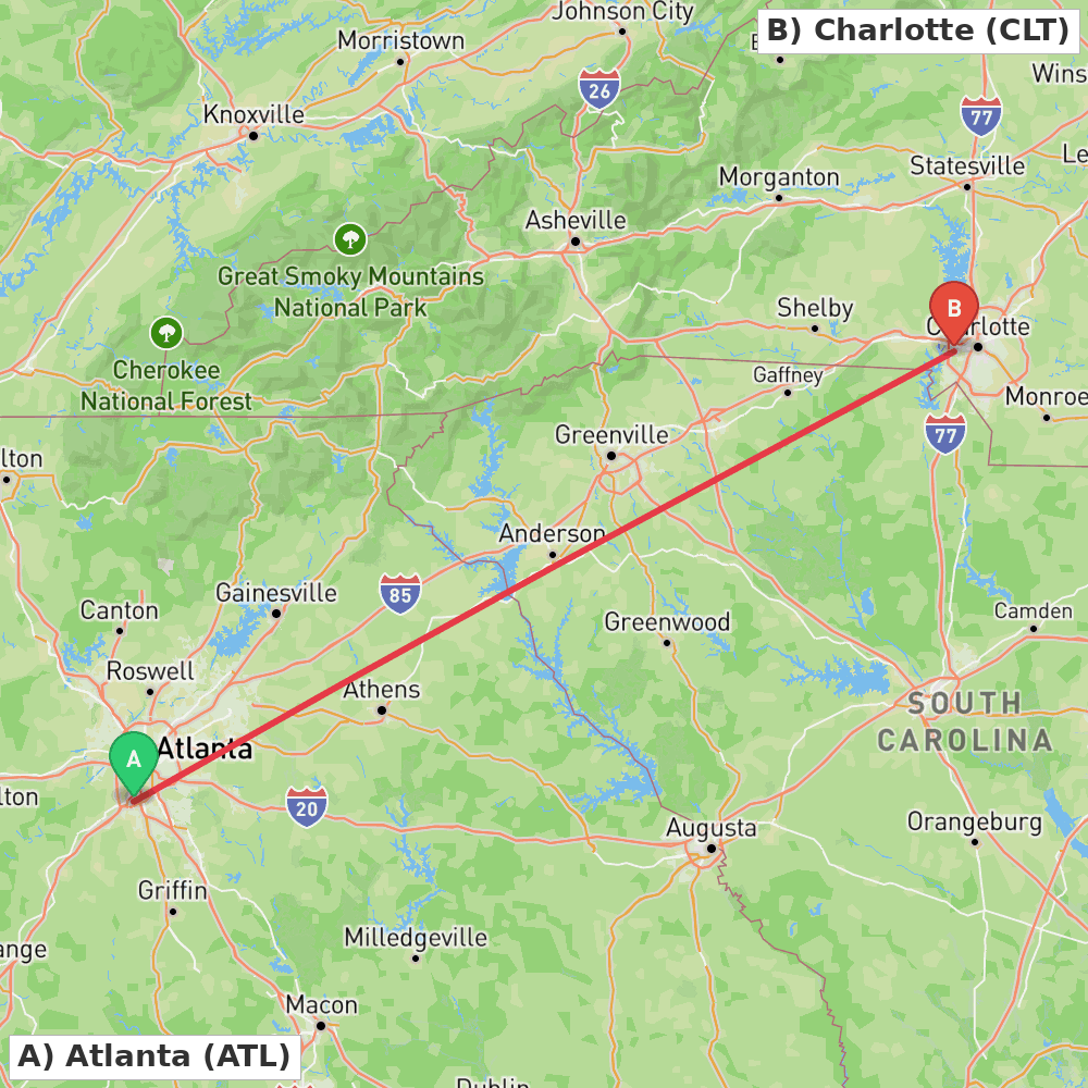Flight route map from Atlanta to Charlotte