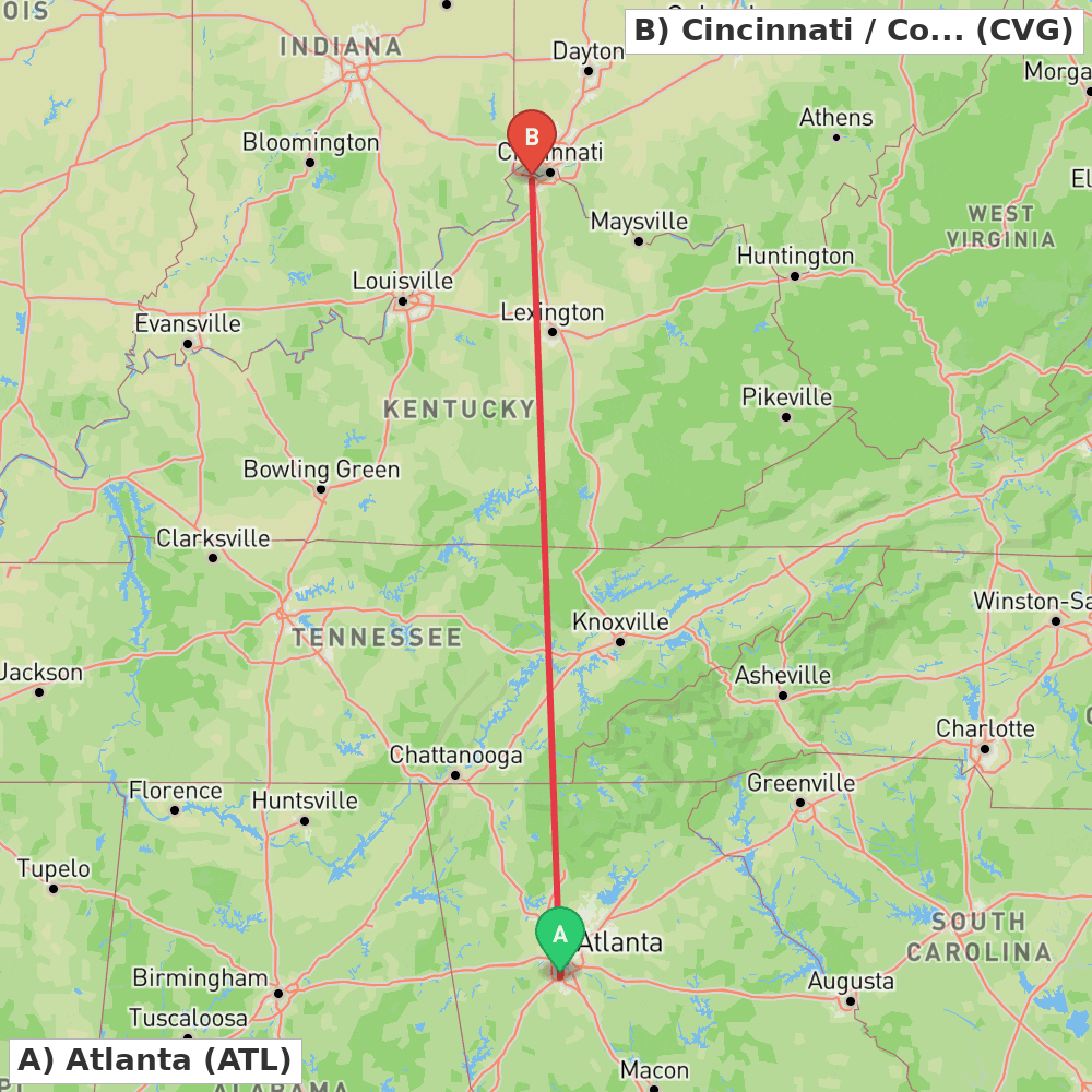 Flight route map from Atlanta to Cincinnati / Covington