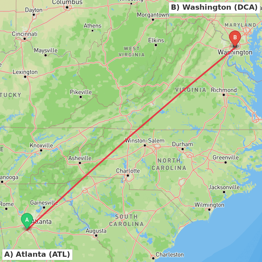 Flight route map from Atlanta to Washington