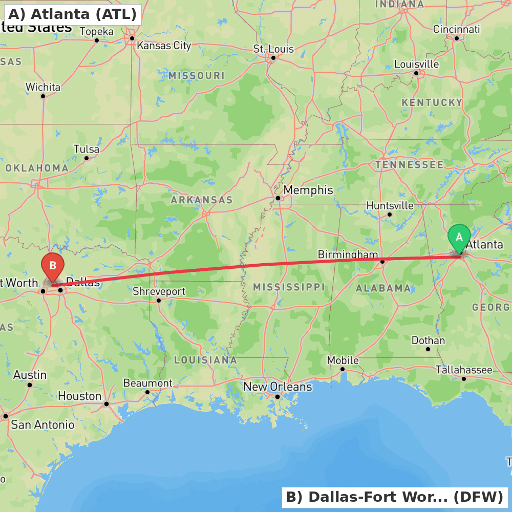 Flight route map from Atlanta to Dallas-Fort Worth