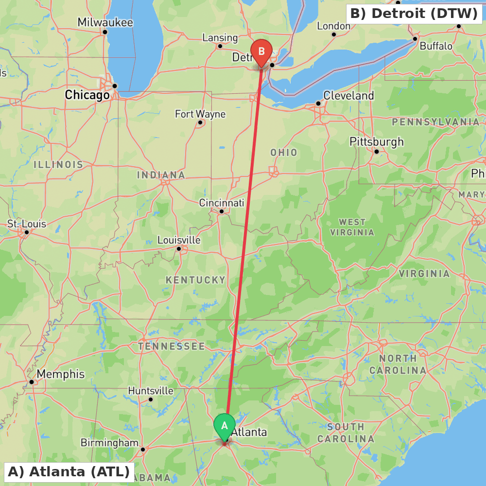 Flight route map from Atlanta to Detroit