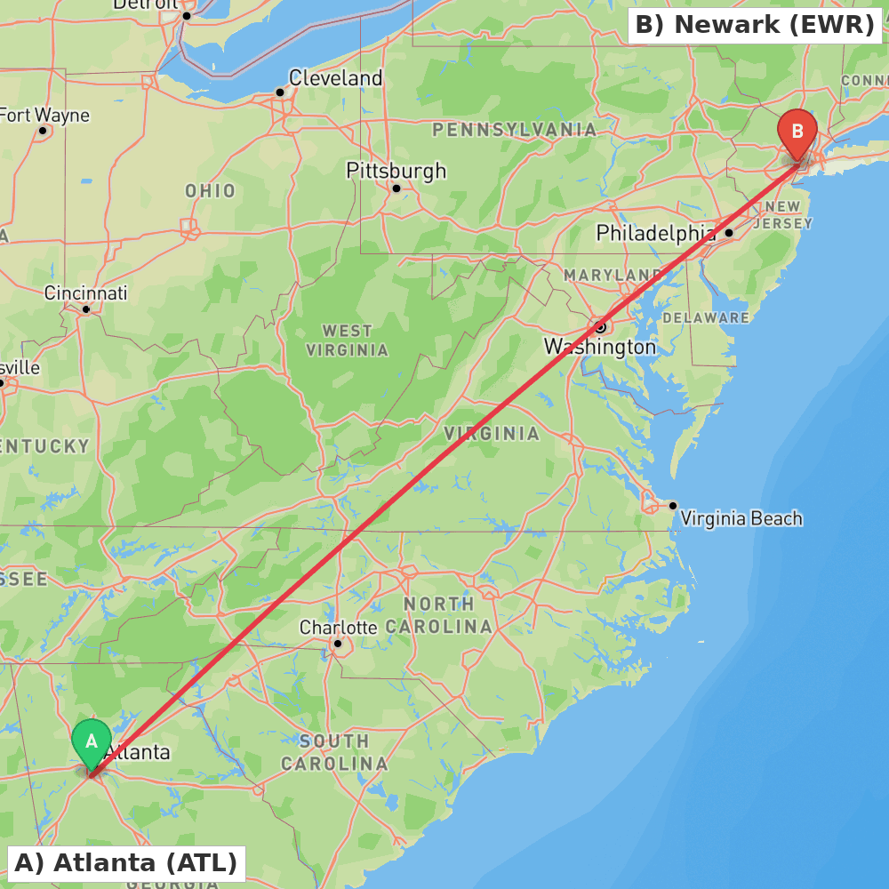 Flight route map from Atlanta to Newark