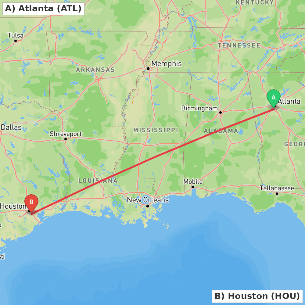 Flight route map from Atlanta to Houston