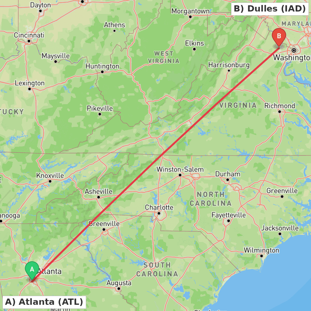 Flight route map from Atlanta to Dulles