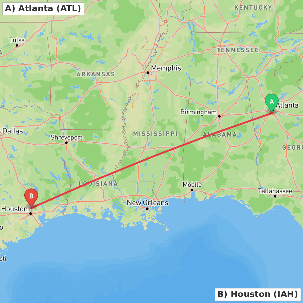 Flight route map from Atlanta to Houston