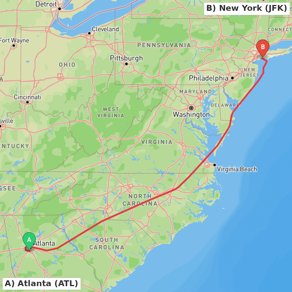Flight route map from Atlanta to New York