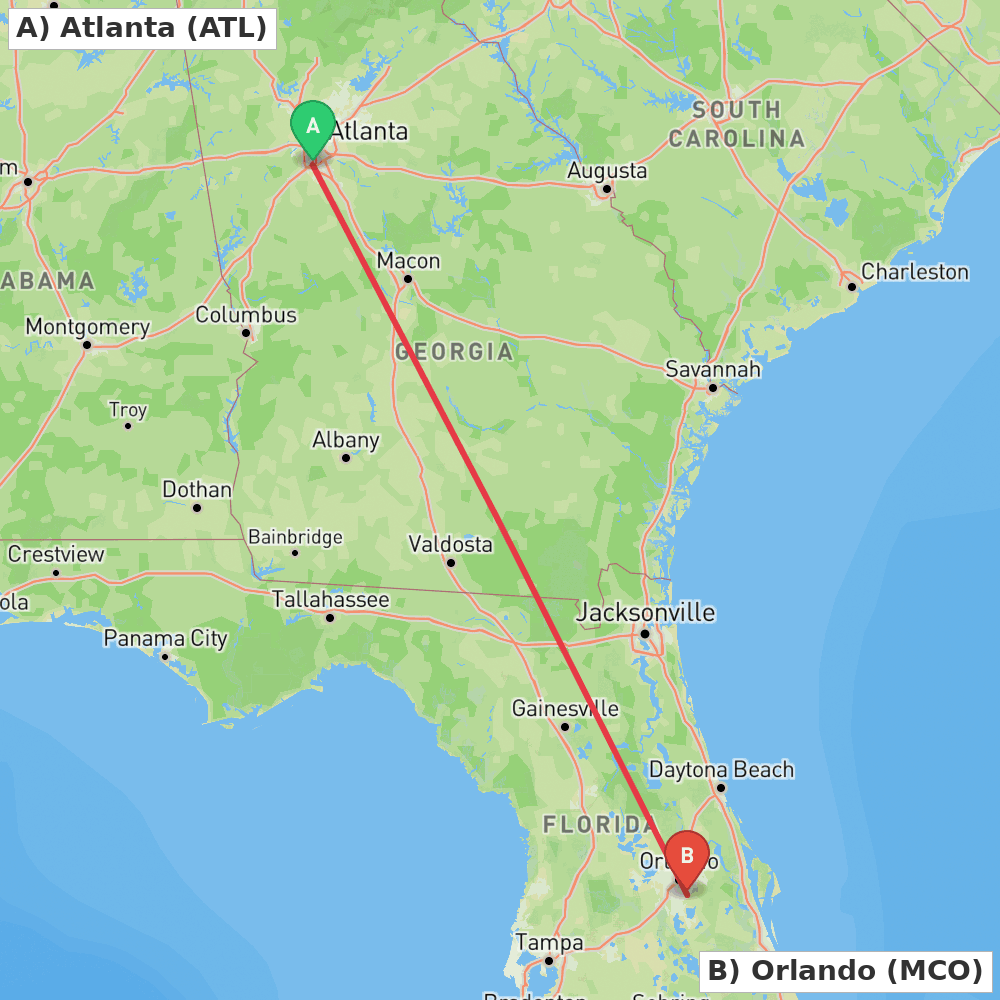 Flight route map from Atlanta to Orlando