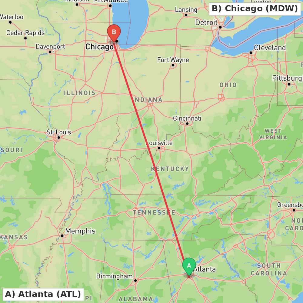 Flight route map from Atlanta to Chicago