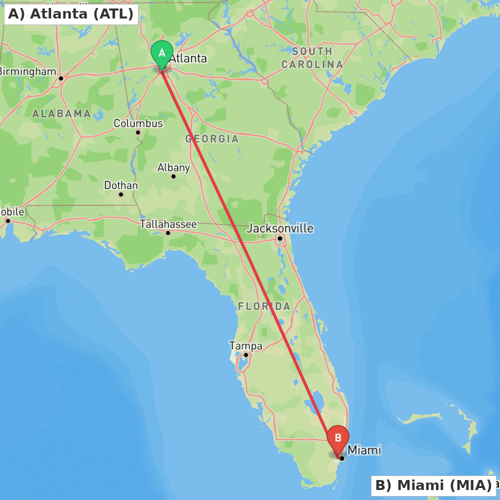 Flight route map from Atlanta to Miami