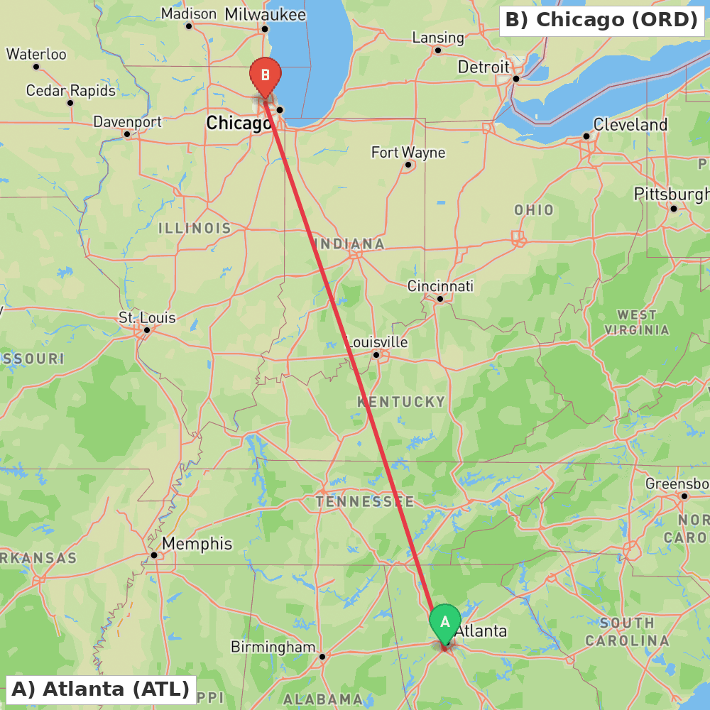 Flight route map from Atlanta to Chicago