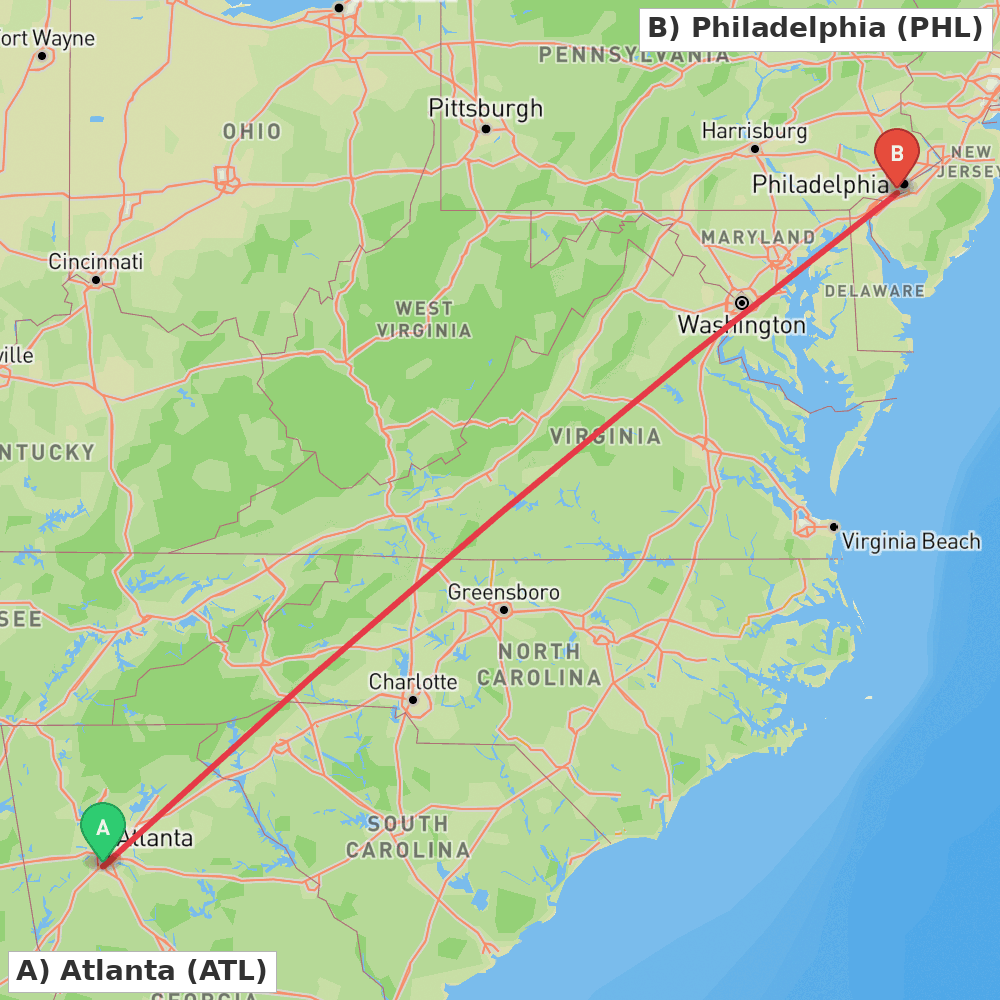 Flight route map from Atlanta to Philadelphia